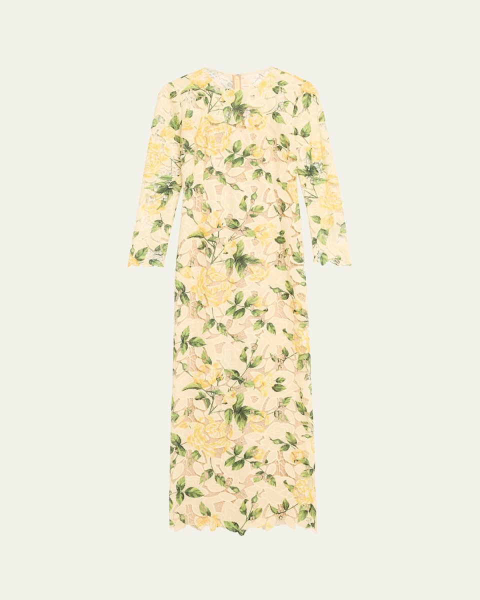 Long-Sleeve Printed Garden Rose Guipure Maxi Dress